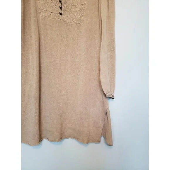 Relais Women XL Sweater Tan Linen Cotton Lightweight Long Button Neck Semi Sheer - Picture 3 of 6